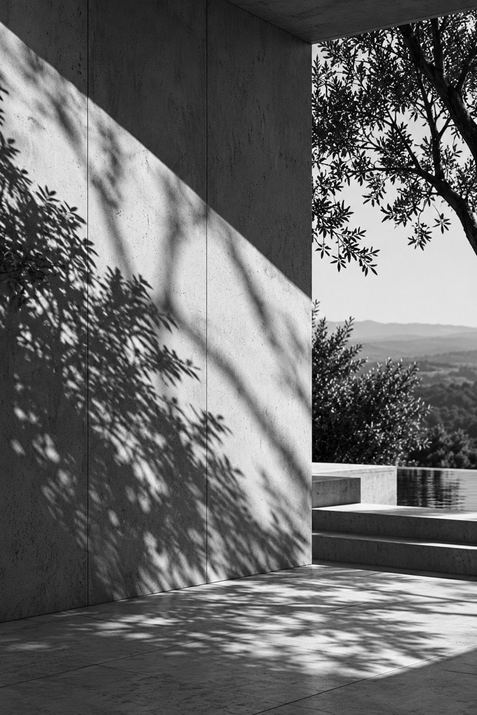 Tree shadows across a stone wall, with a pool and distant hills beyond.